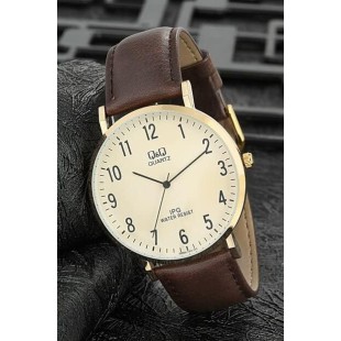 Q&Q QZ00J103Y Brown Leather Strap Golden Dial Dress Watch price in Pakistan